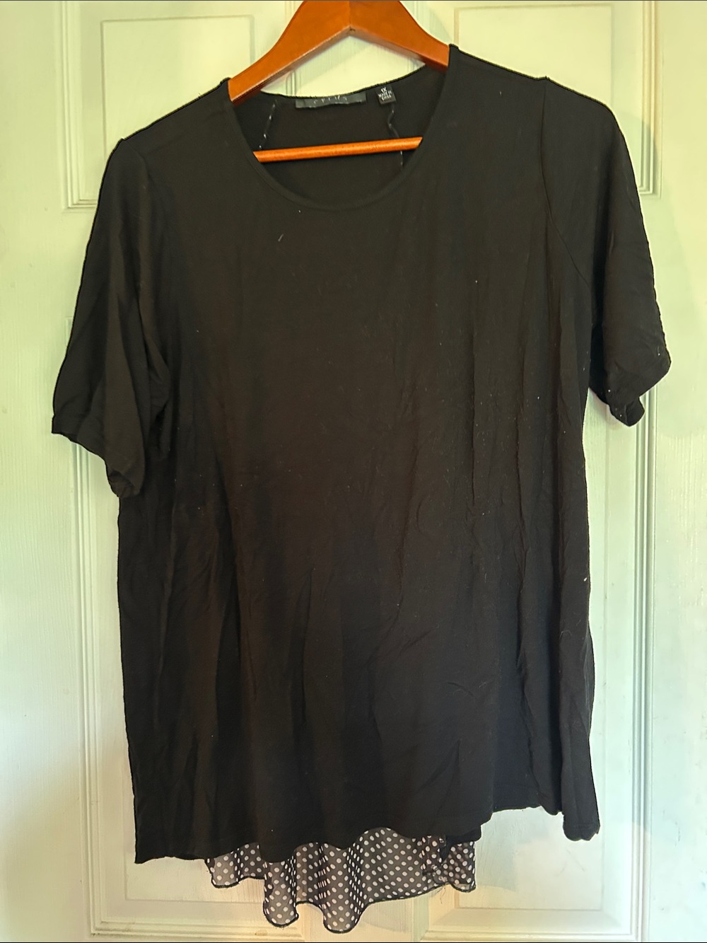 Cyrus Black Short Sleeve Layered Hem Tee with Polka Dot Trim